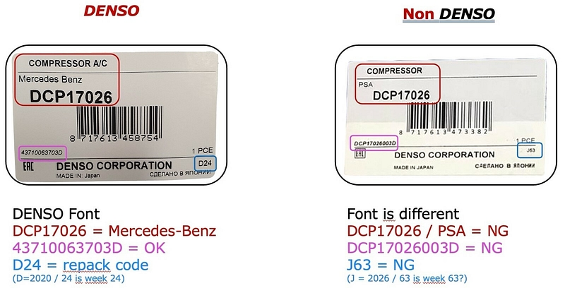 Counterfeit DENSO compressors label